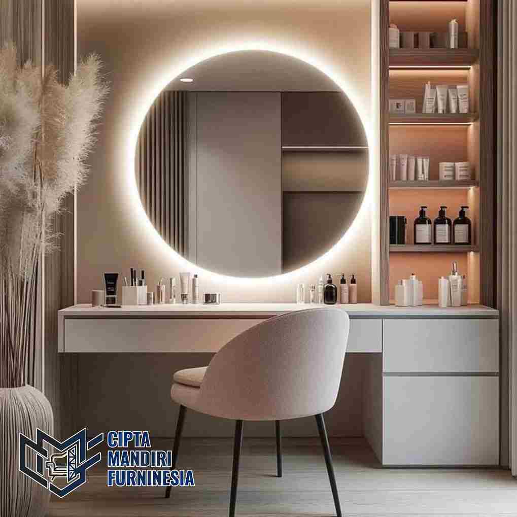 Meja Rias Industrial Cermin Bulat Lampu LED di area Bekasi