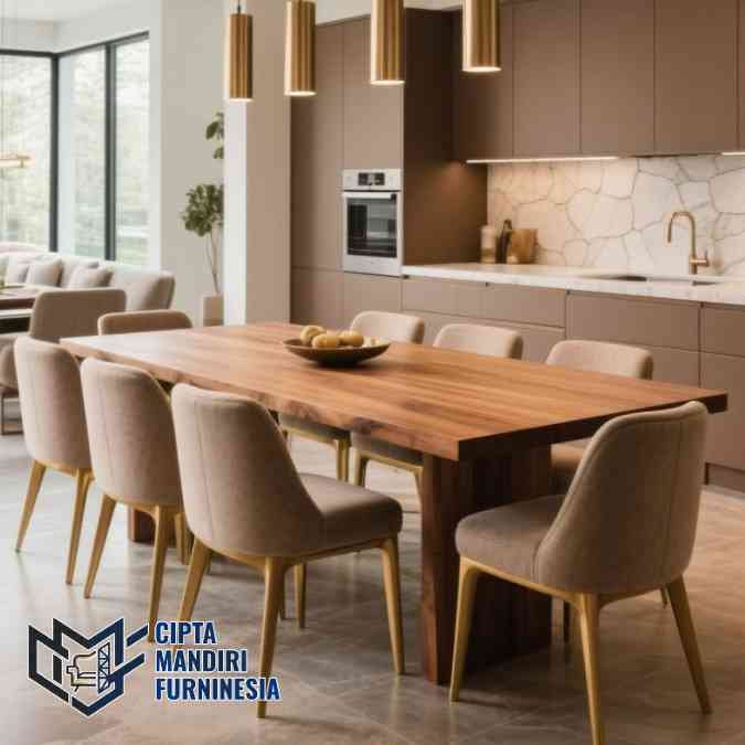 meja makan industrial custom berbahan kayu solid anti rayap dengan rangka besi hitam kokoh untuk area Jabodetabek