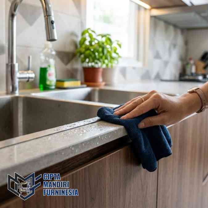 Seorang pemilik rumah sedang mengeringkan sisa genangan air di tepi kabinet kitchen set HPL dekat bak cuci piring menggunakan kain serat mikro.