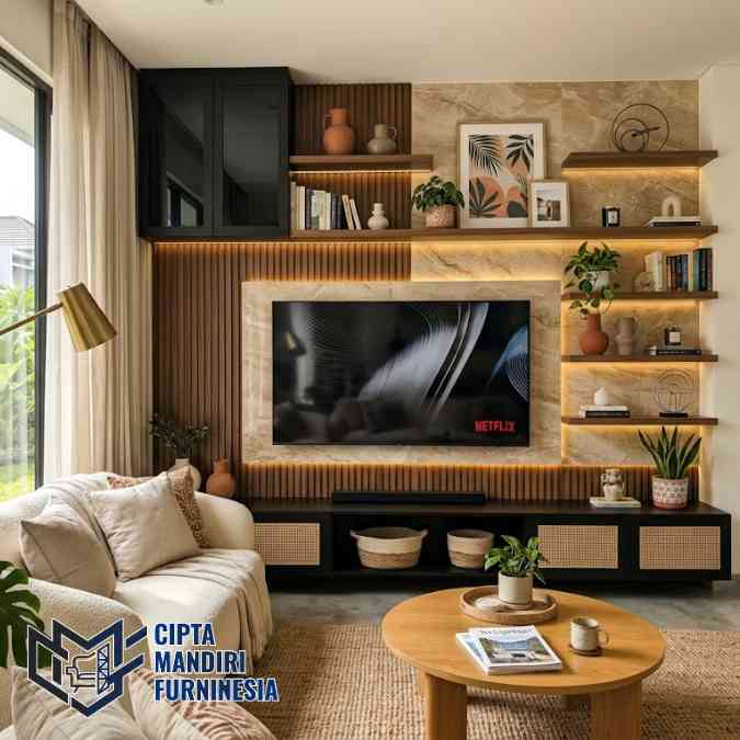 Jasa Backdrop TV Fungsional Rak Custom Hasil Premium